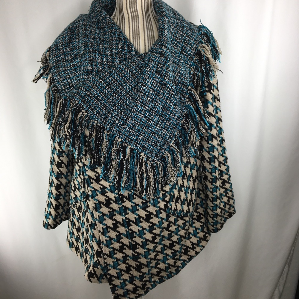Blue fringe reversible open wool blend coat